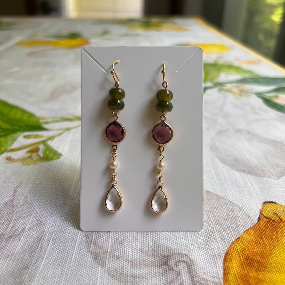 Novelty Dark Moss Olive Green Pearl Quartz Glass Garnet Long Casual Earrings